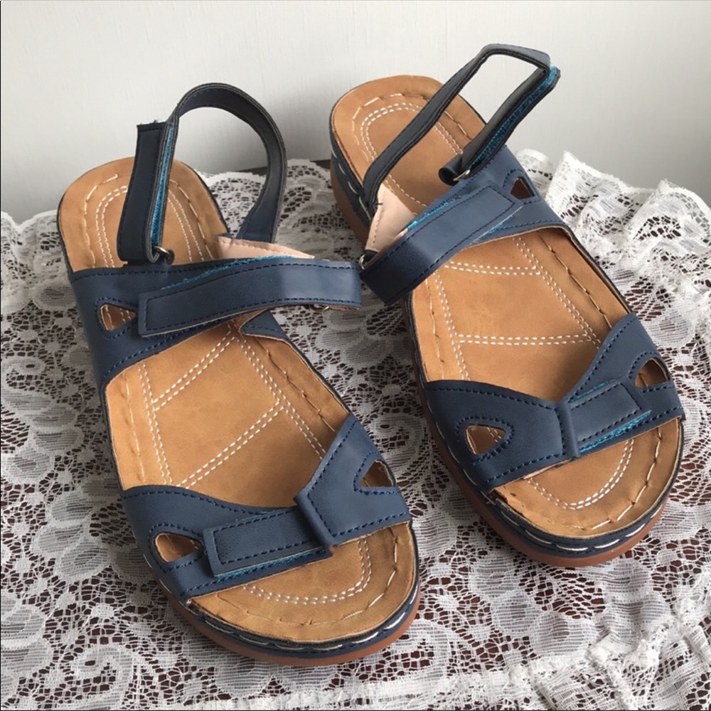 Blue Comfort Sandals NWOB  Velcro Faux Leather 7.5